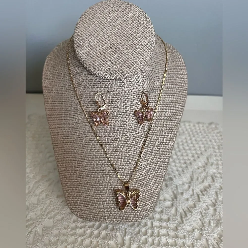 Gold Tone Pink Butterfly Jewelry Set Sparkling Crystal Wings Necklace Earrings